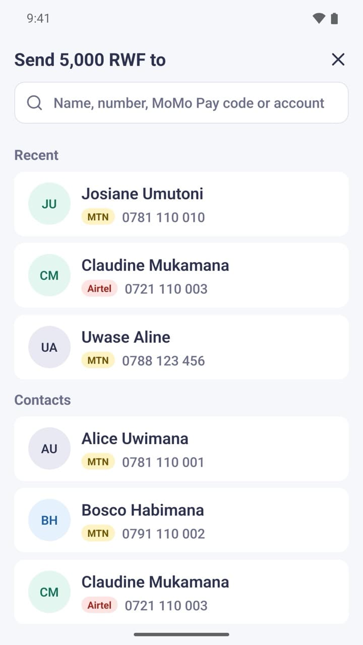 Choosing who to pay from recent payments and contacts